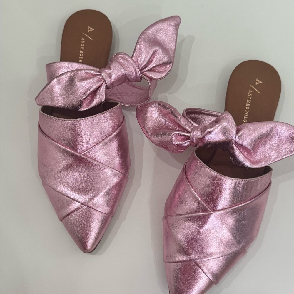 Anthropologie Metallic Pink Bow Mules Size 38